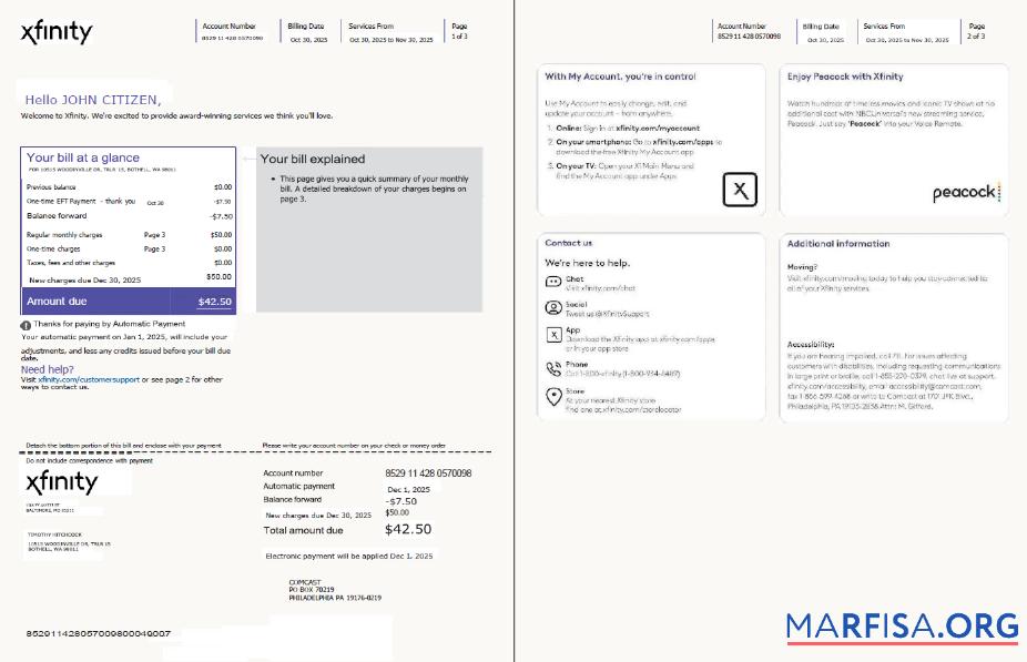 Realistic USA Xfinity utility bill template in Word and PDF formats, 3 pages, version 4, 1 2 pages